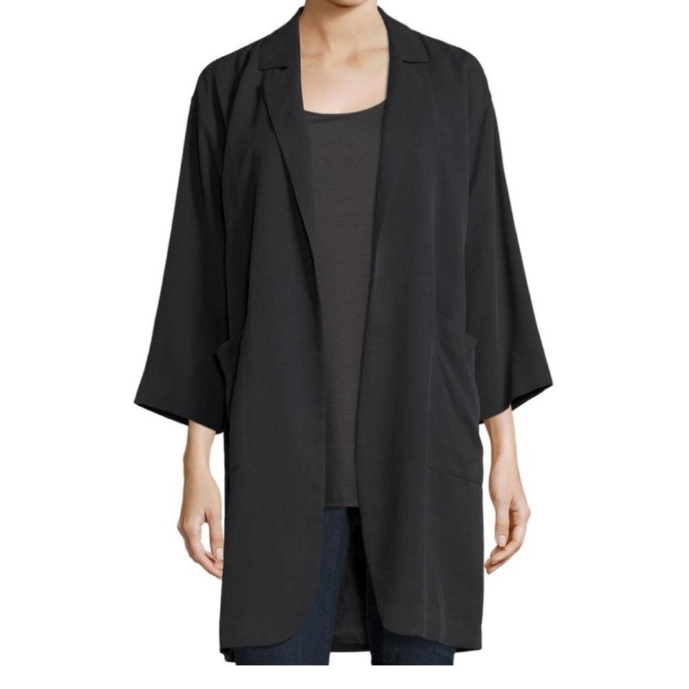 Eileen Fisher Notch Collar Long Jacket In Black Tencel Grain Size large.